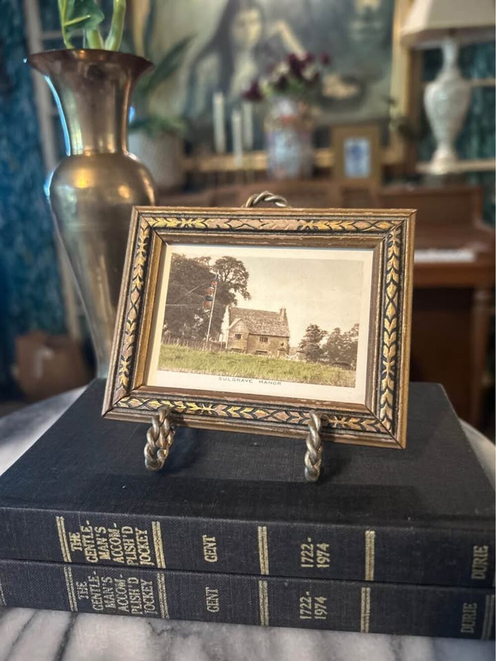 Miniature Vintage Hand-Colored Sulgrave Manor Print in Ornate Frame Easel Back